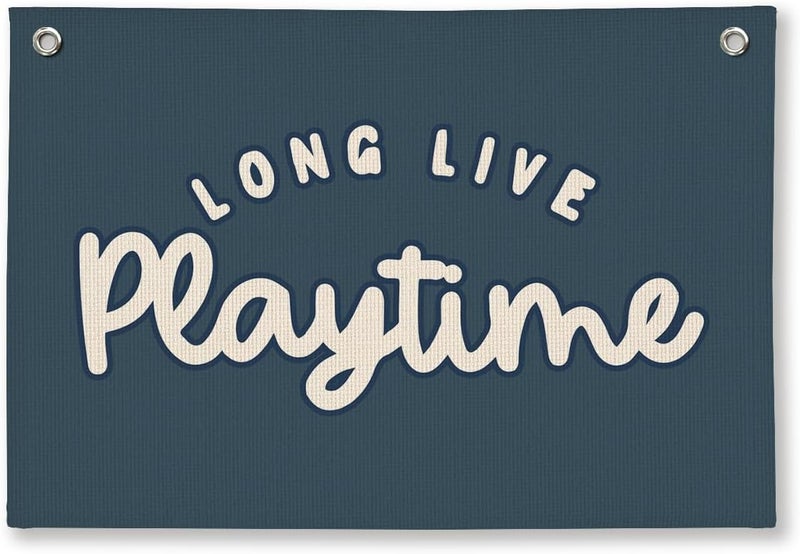 ShowDraven Playroom Decor for Boy, Long Live Playtime Wall Hanging Linen Banner, Blue Striped Wall Flag for Kids Room Nursery Playroom Decor, 20x30 Inch-Navy Blue - Image 1